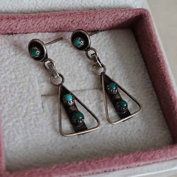 Vintage Southwestern Native American Turquoise Snake Eyes Drop Earrings - Picture 3 of 13